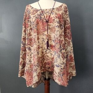 Unity World Wear 2XL Semi Sheer Boho Y2K Flare Sleeve Blouse Built In Necklace